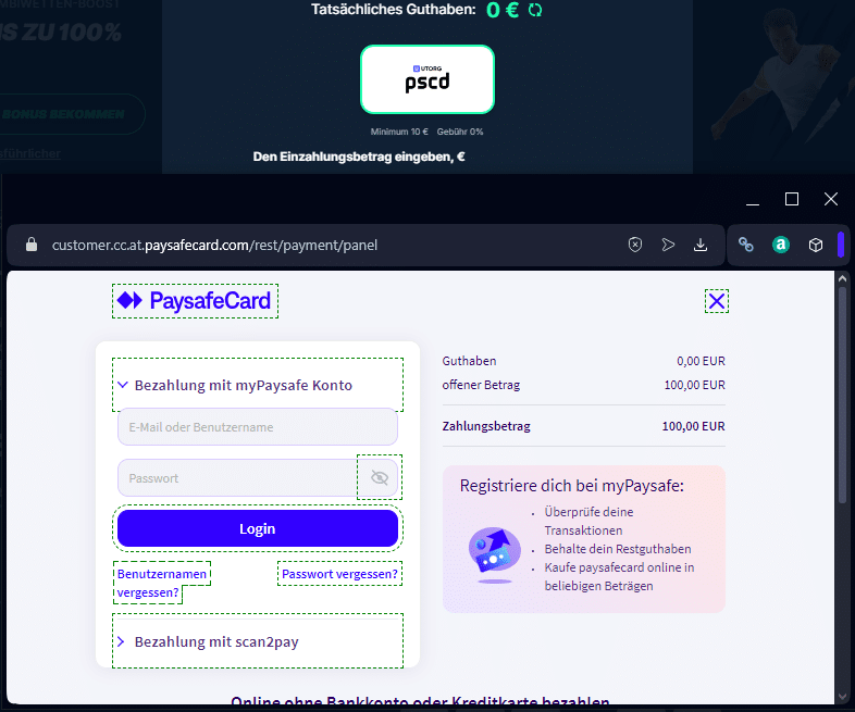 Anmeldung bei Paysafecard