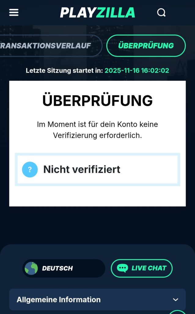 Stand November 2025: Mein Playzilla Konto ist weiterhin nicht verifiziert Playzilla Verifikation nicht erforderlich