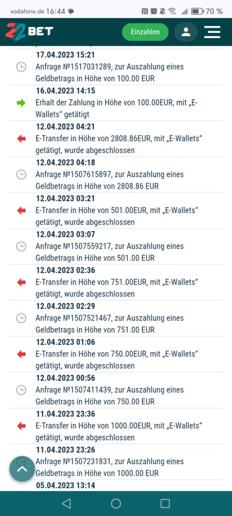 Auszahlungsübersicht 22Bet Wettkonto