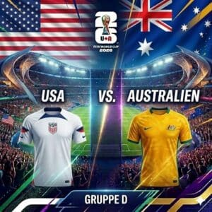 Grafik-Vorschau zum WM Gruppenspiel zwischen den USA und Australien mit Spielertrikots