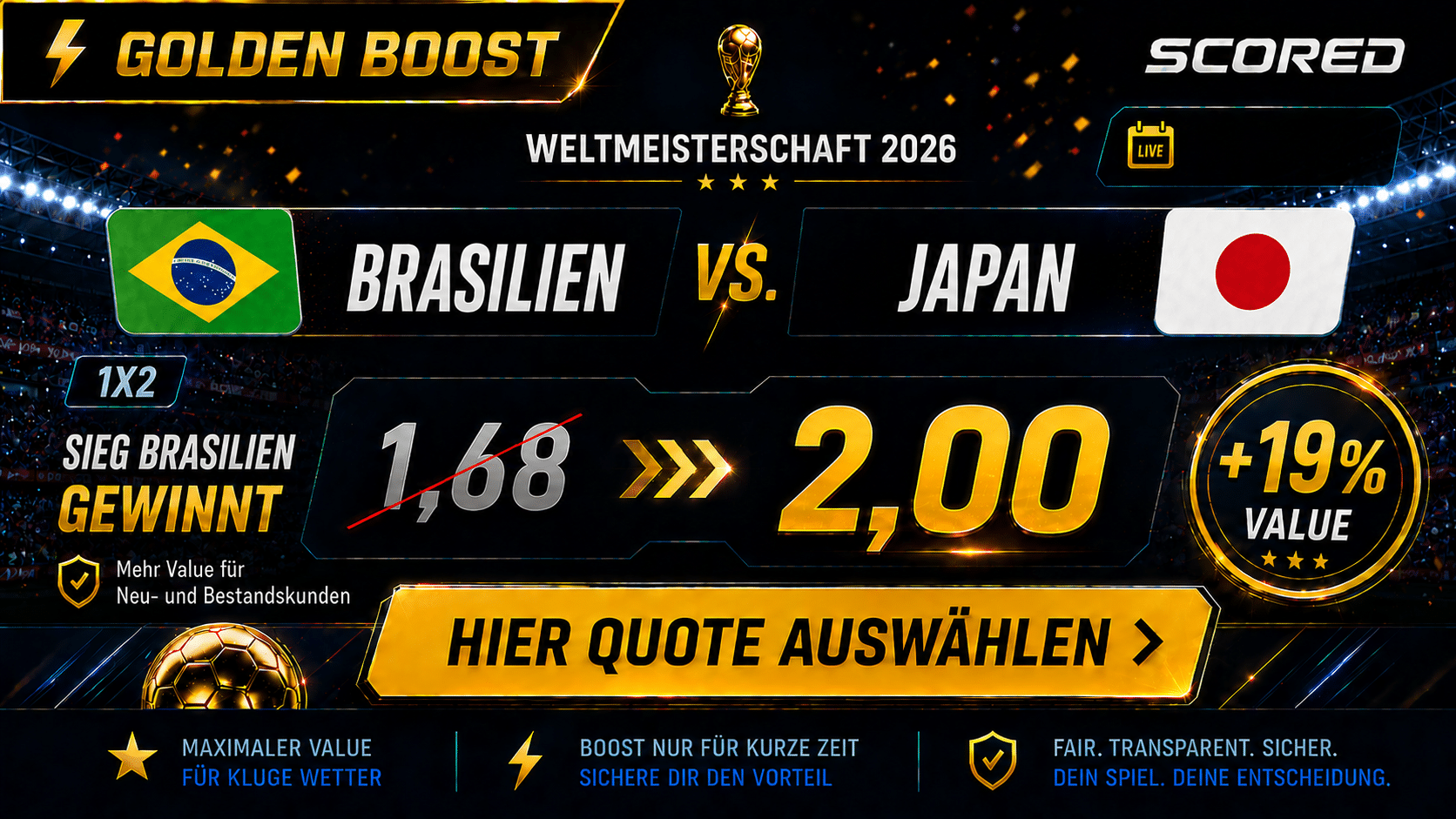 Beste Wettquote für Brasilien gegen Japan am 29.06.2026