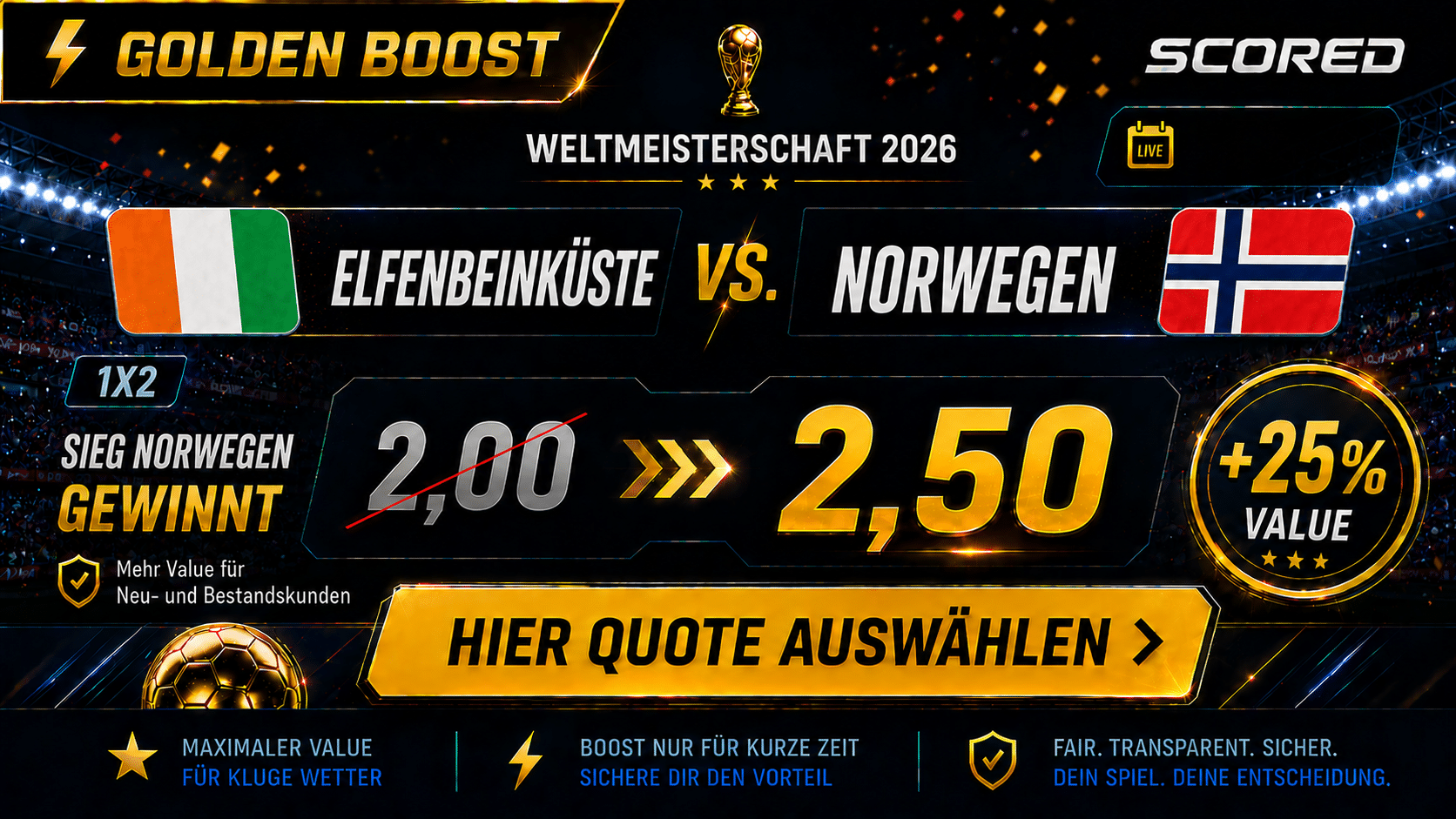 Beste Wettquote für Elfenbeinküste vs. Norwegen 30.06.2026
