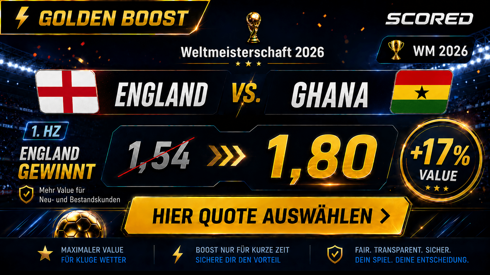 Beste Wettquote für England gegen Ghana 23.06.2026