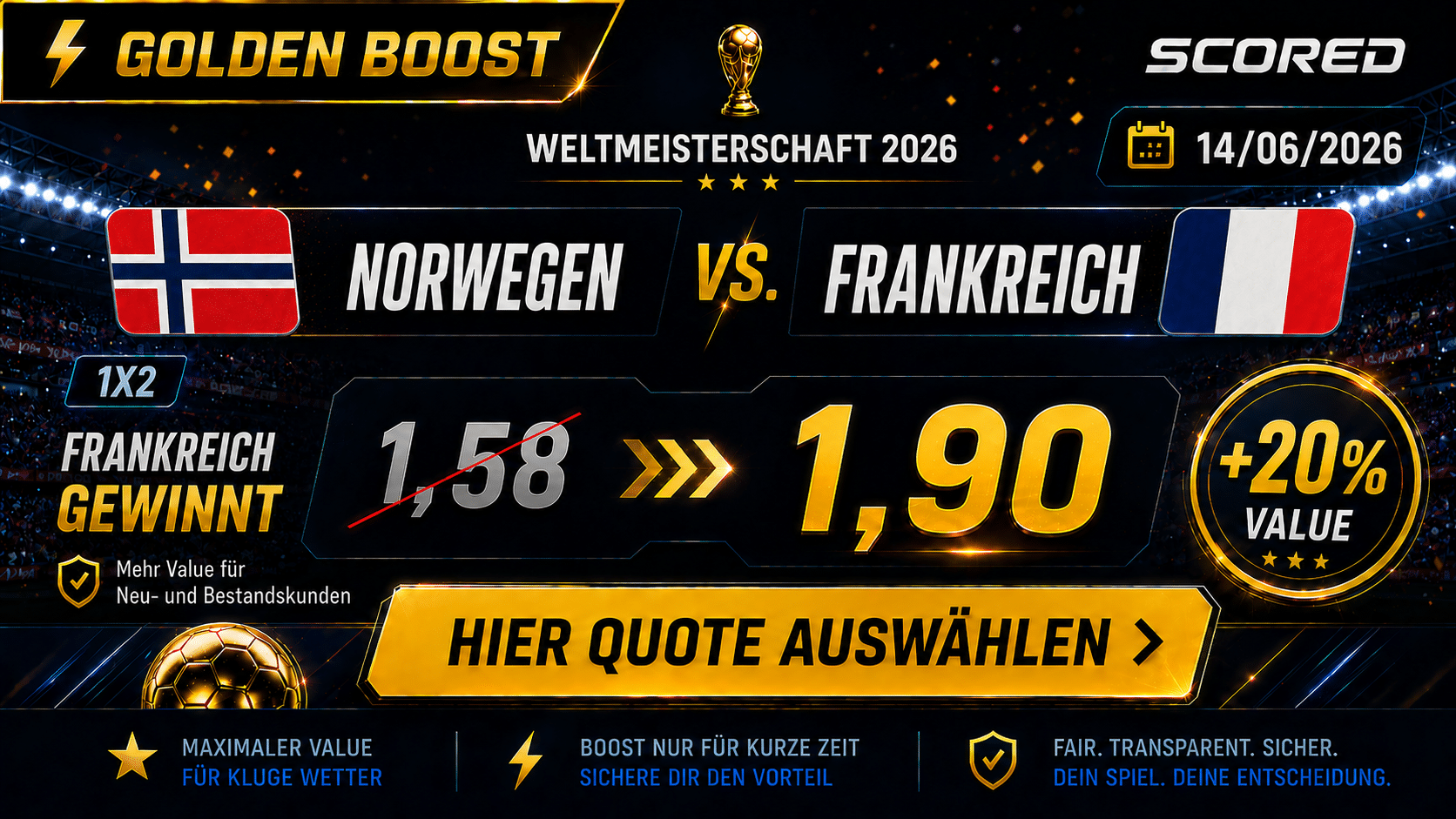 Beste Wettquote für Norwegen gegen Frankreich 26.06.2026