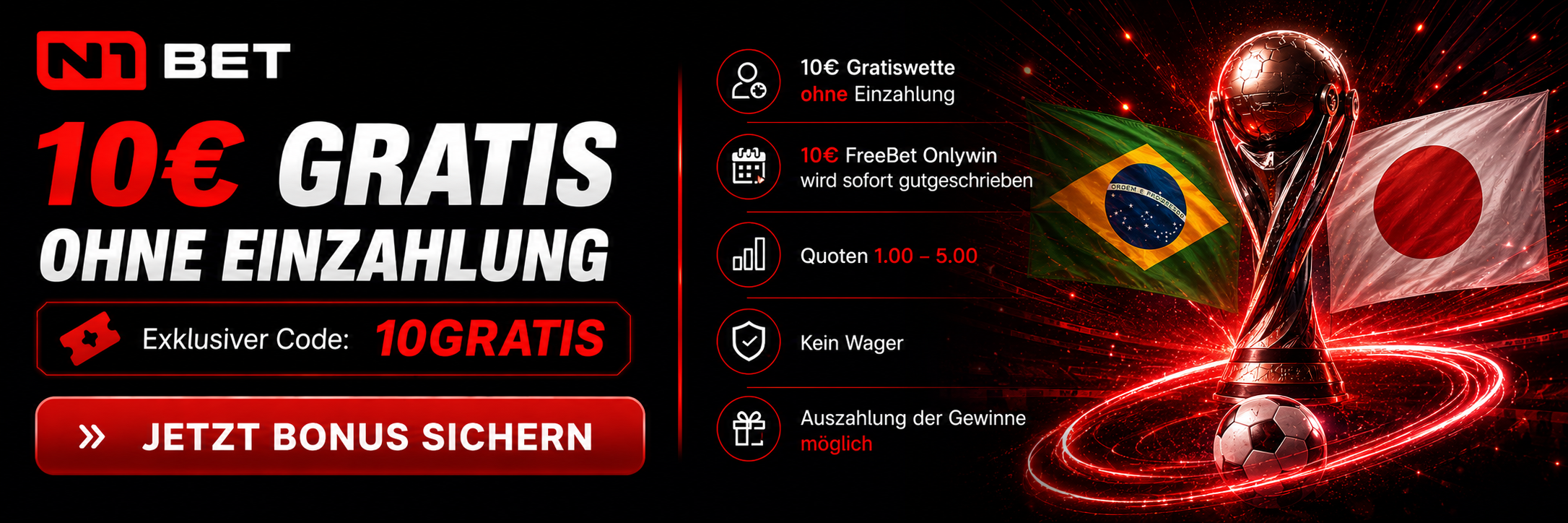 10€ Bonus ohne Einzahlung für Brasilien gegen Japan N1Bet Bonus ohne Einzahlung EXKLUSIVER Code