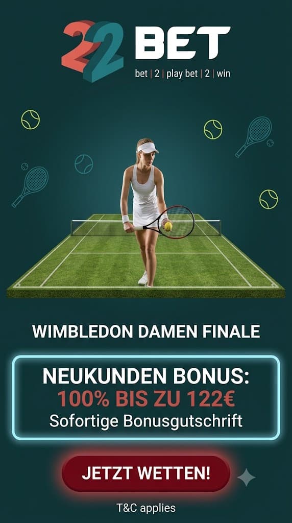 22Bet Bonus zum Wimbledon Finale 2026 der Damen.