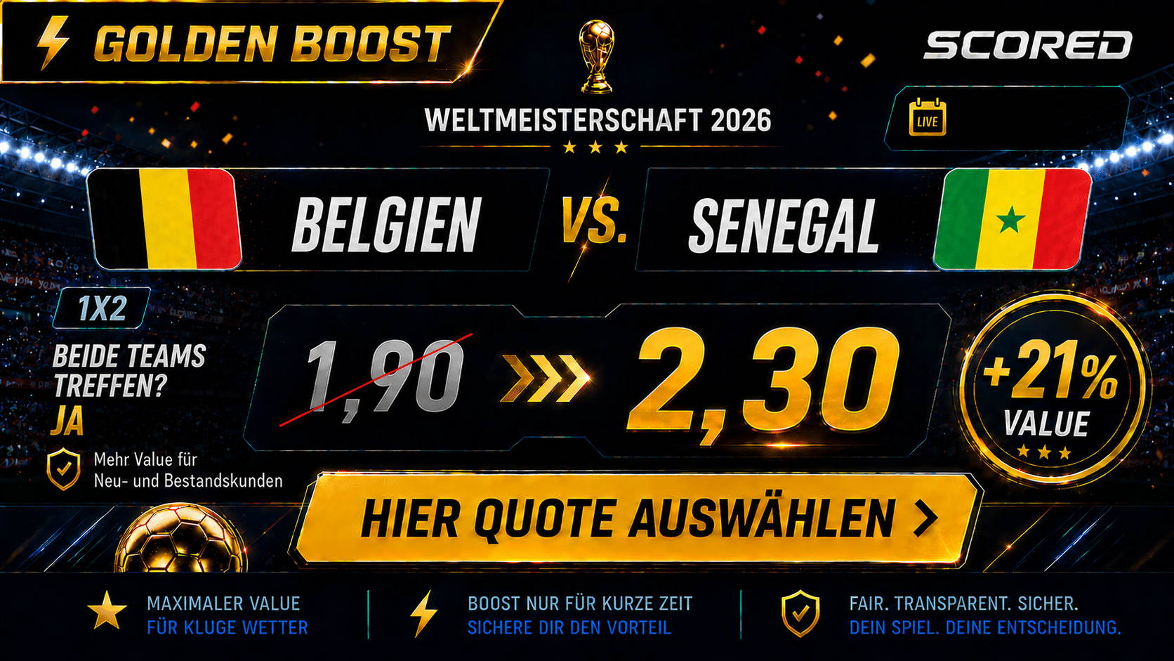 Beste Wettquote für Belgien vs. Senegal 01.07.2026