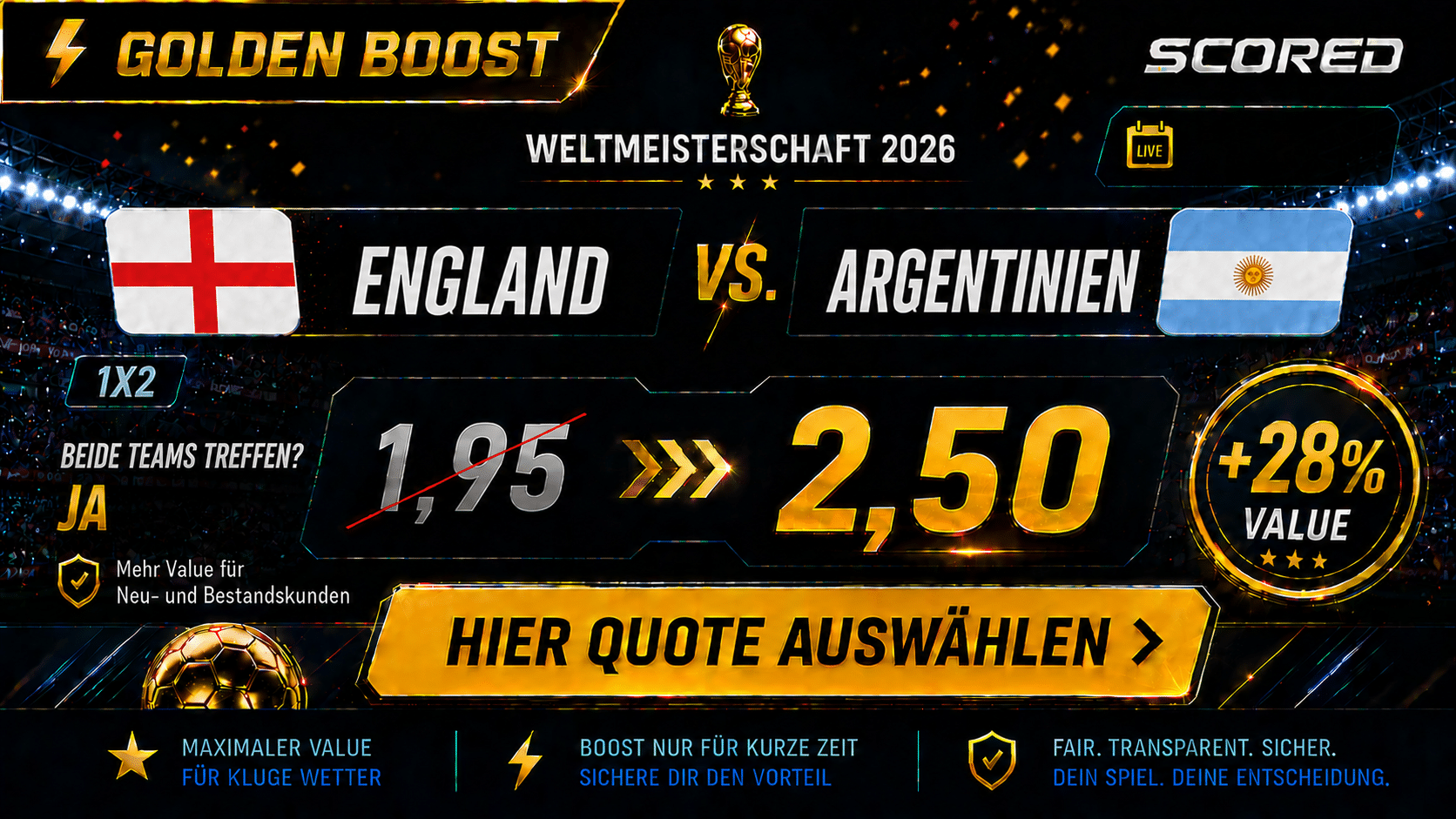 Beste Wettquote für England vs. Argentinien am 15.07.26