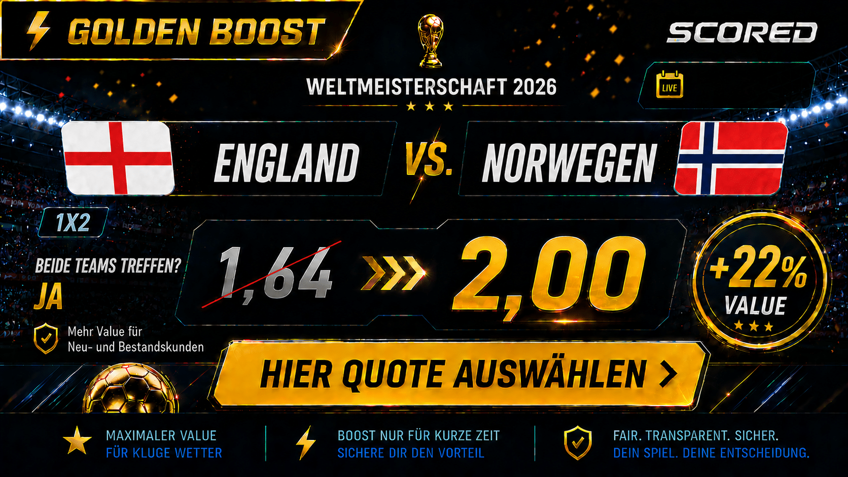 Beste Wettquote für England vs. Norwegen 11.07.2026