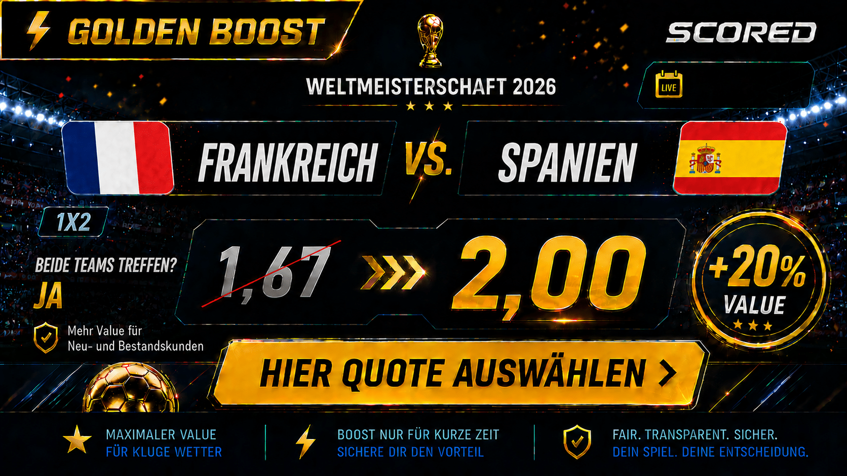 Beste Wettquote für Frankreich vs. Spanien 14.07.2026