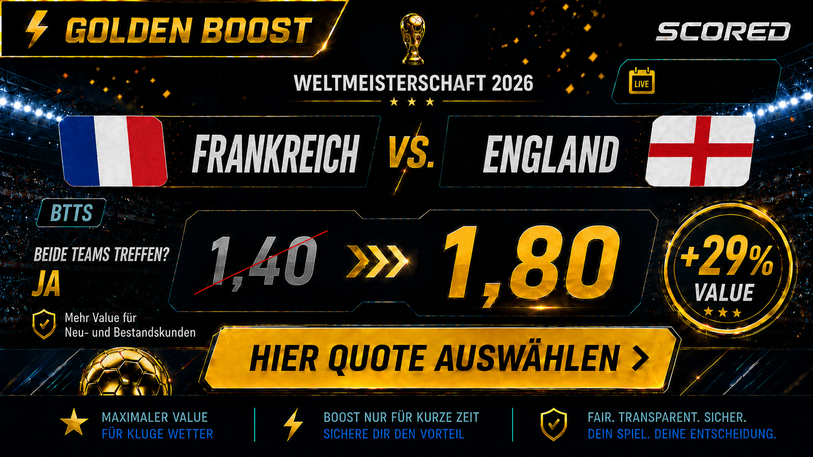 Beste Wettquote für Frankreich vs. England am 18.07.26