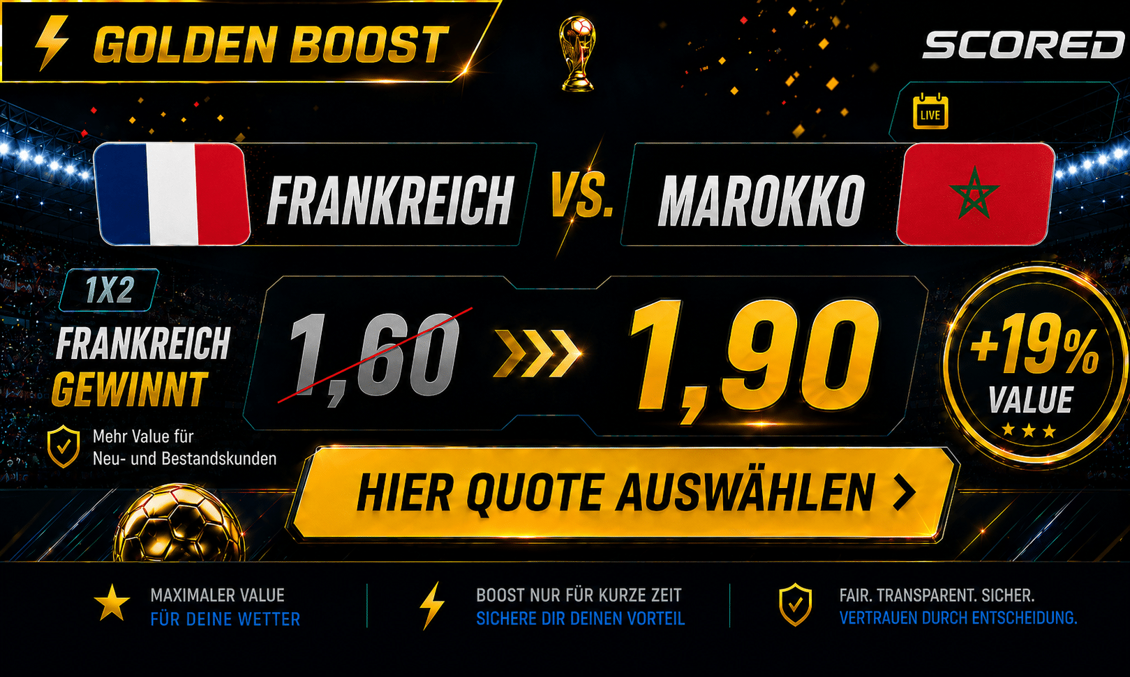 Beste Wettquote für Frankreich vs. Marokko 09.07.2026