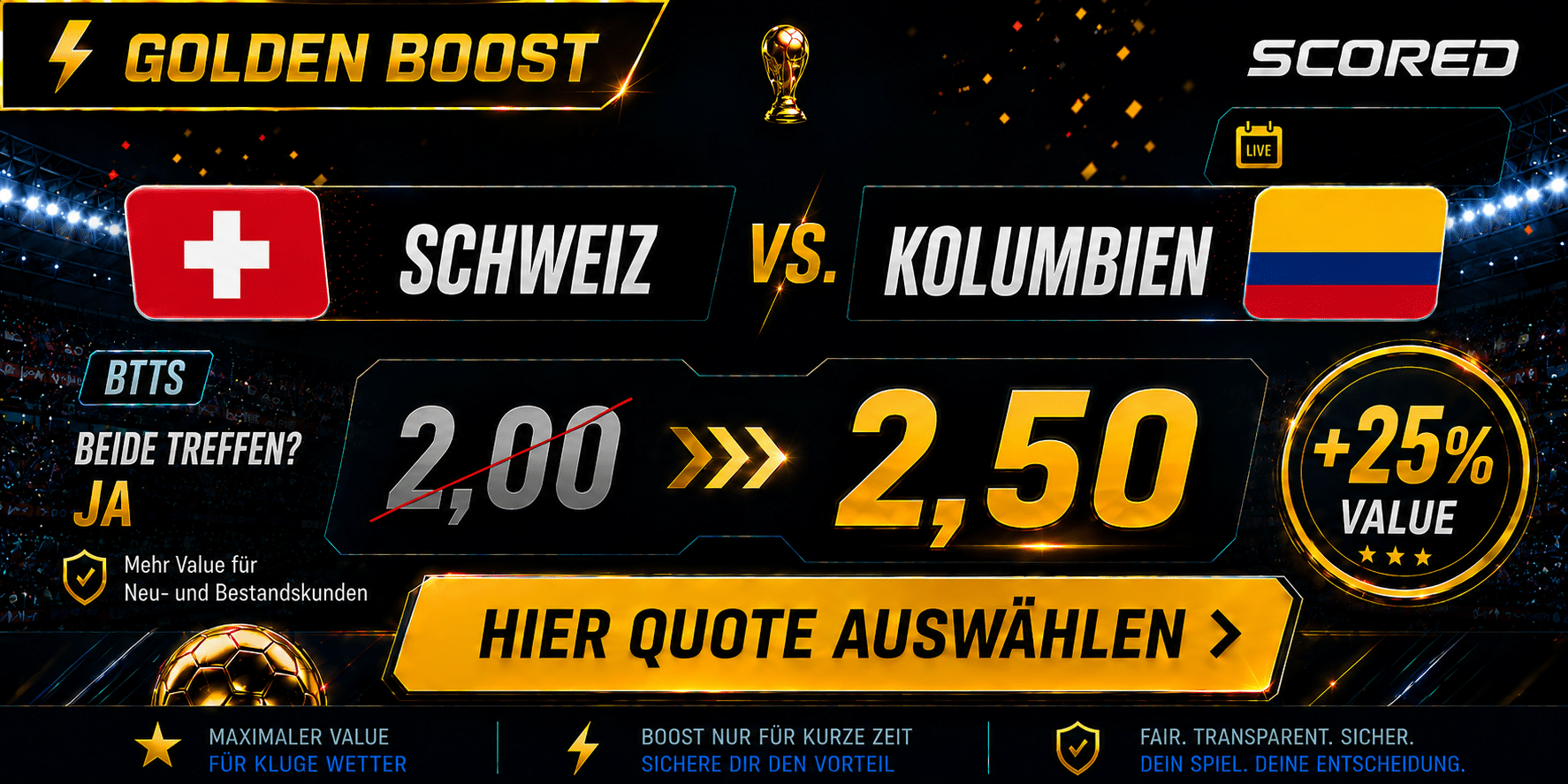 Beste Wettquote für Schweiz vs. Kolumbien 07.07.2026