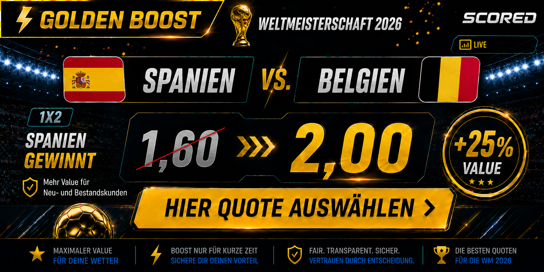 Beste Wettquote für Spanien vs. Belgien 10.07.2026